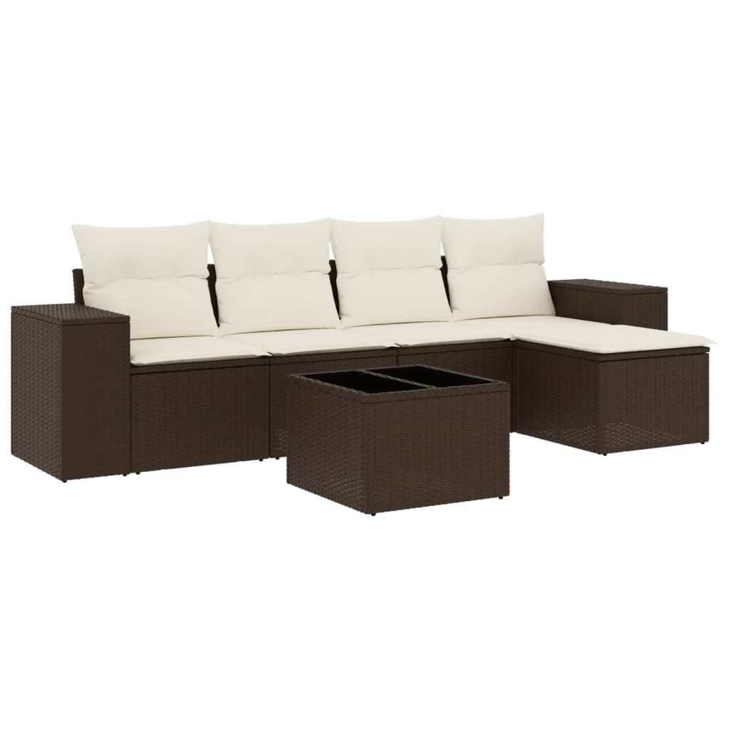 6-delige Loungeset met kussens poly rattan bruin