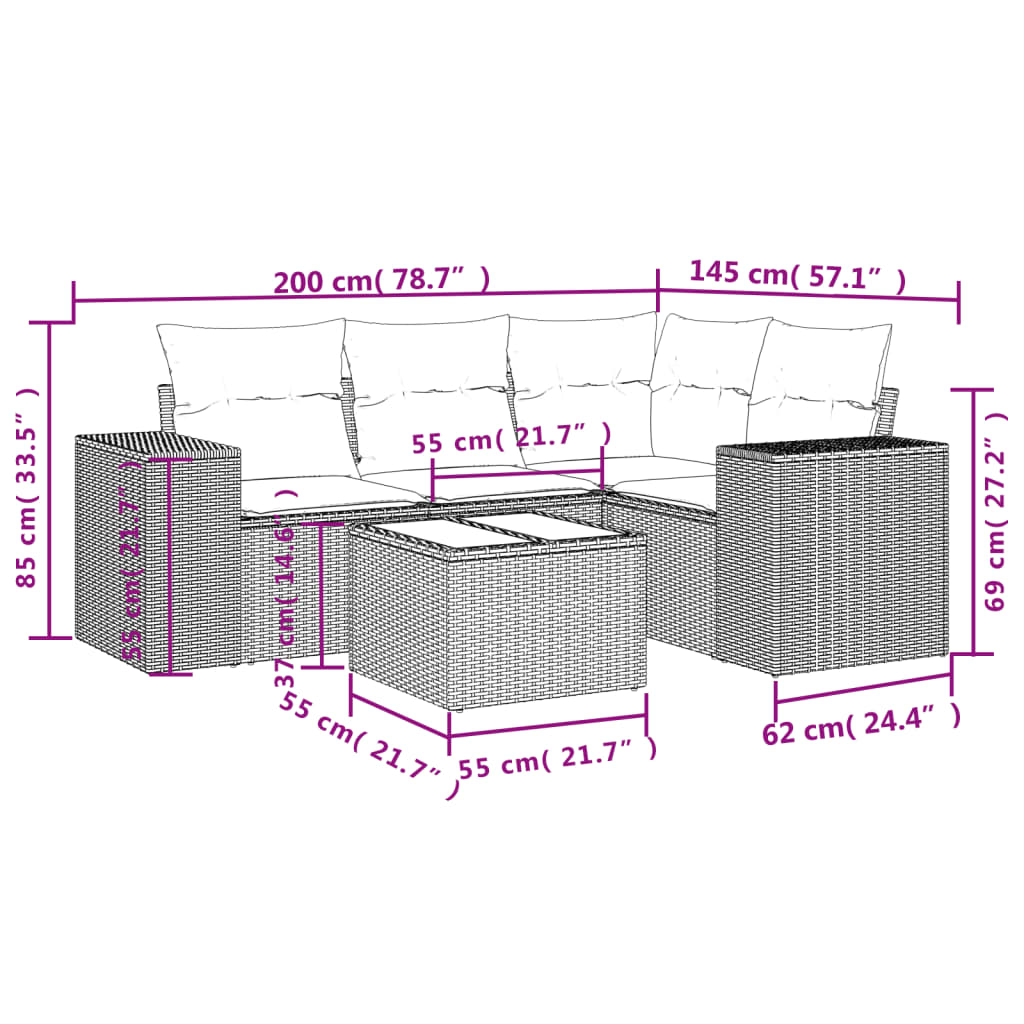 5-delige Loungeset met kussens poly rattan zwart Modulaire tuinbanken | Creëer jouw Trendy Thuis | Gratis bezorgd & Retour | Trendy.nl