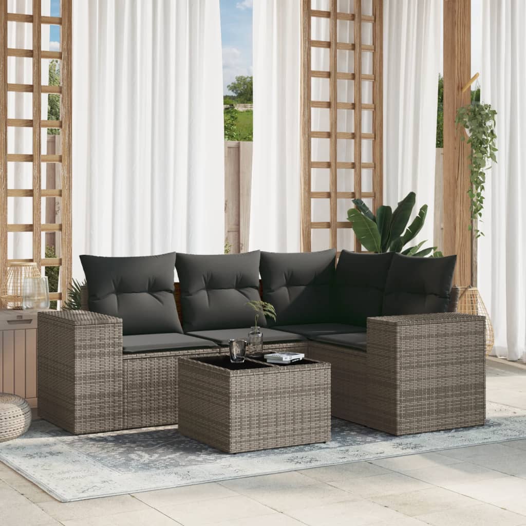 5-delige Loungeset met kussens poly rattan grijs Modulaire tuinbanken | Creëer jouw Trendy Thuis | Gratis bezorgd & Retour | Trendy.nl