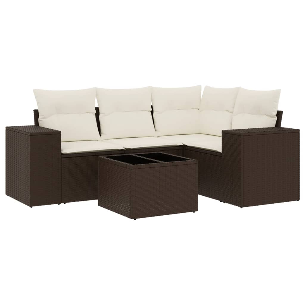 5-delige Loungeset met kussens poly rattan bruin