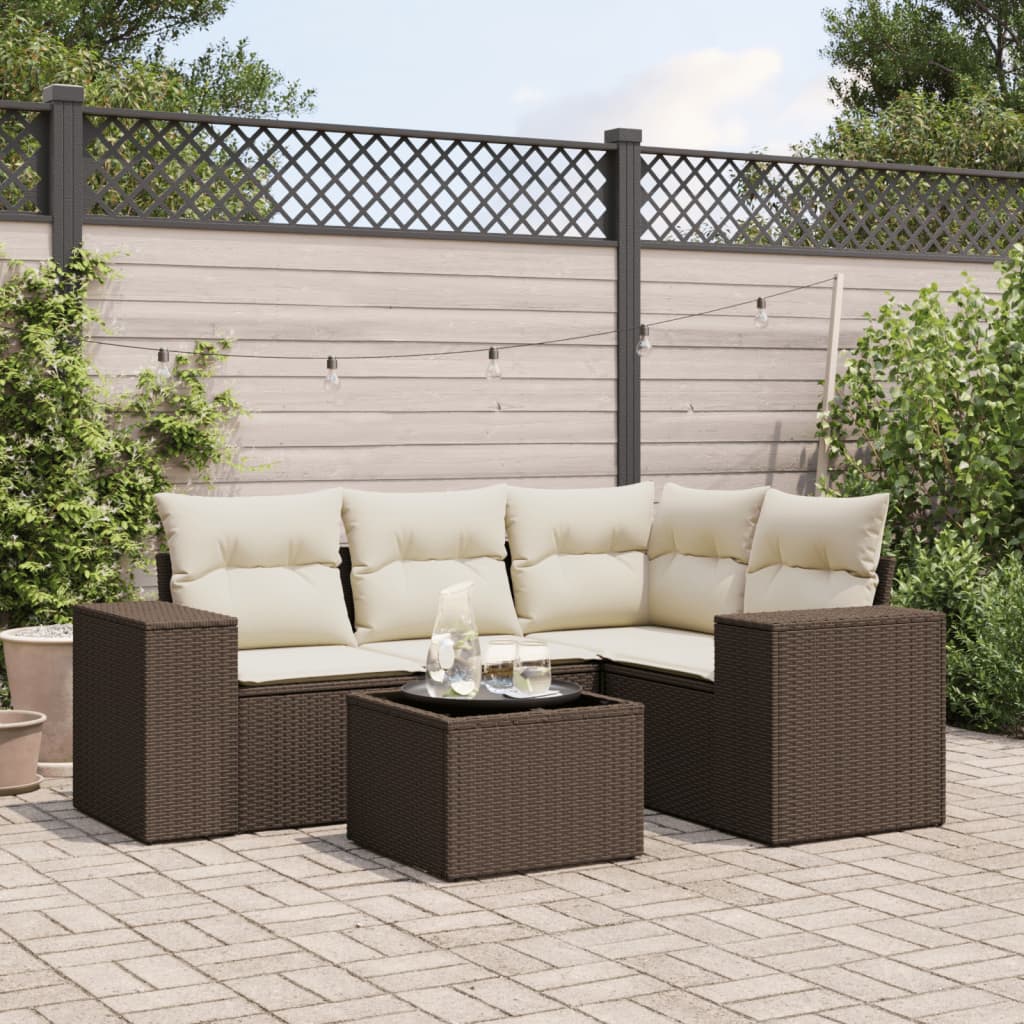 5-delige Loungeset met kussens poly rattan bruin