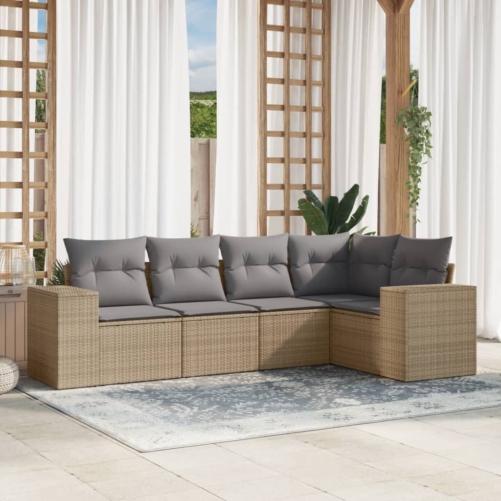 5-delige Loungeset met kussens poly rattan beige Modulaire tuinbanken | Creëer jouw Trendy Thuis | Gratis bezorgd & Retour | Trendy.nl