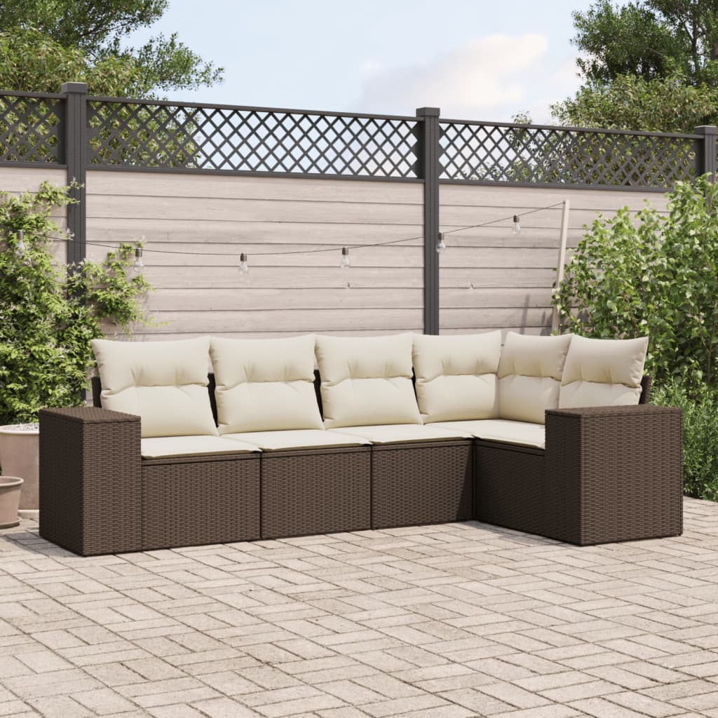 5-delige Loungeset met kussens poly rattan bruin