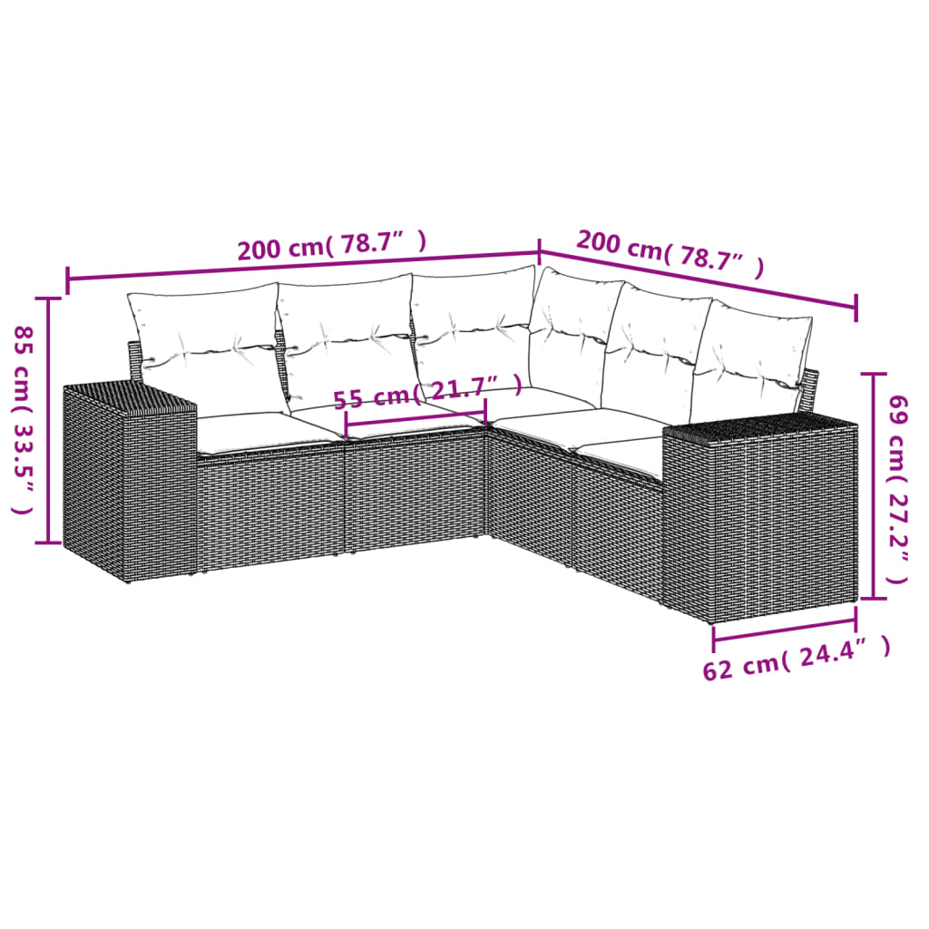 5-delige Loungeset met kussens poly rattan beige