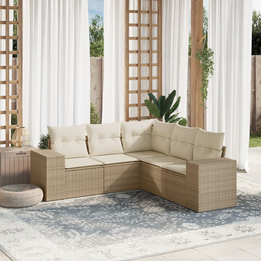 5-delige Loungeset met kussens poly rattan beige