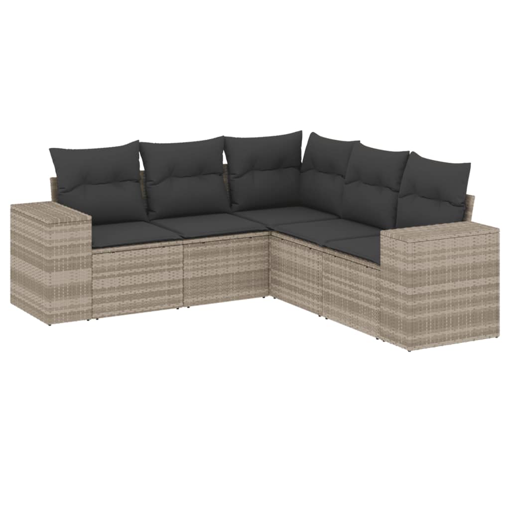 5-delige Loungeset met kussens poly rattan lichtgrijs