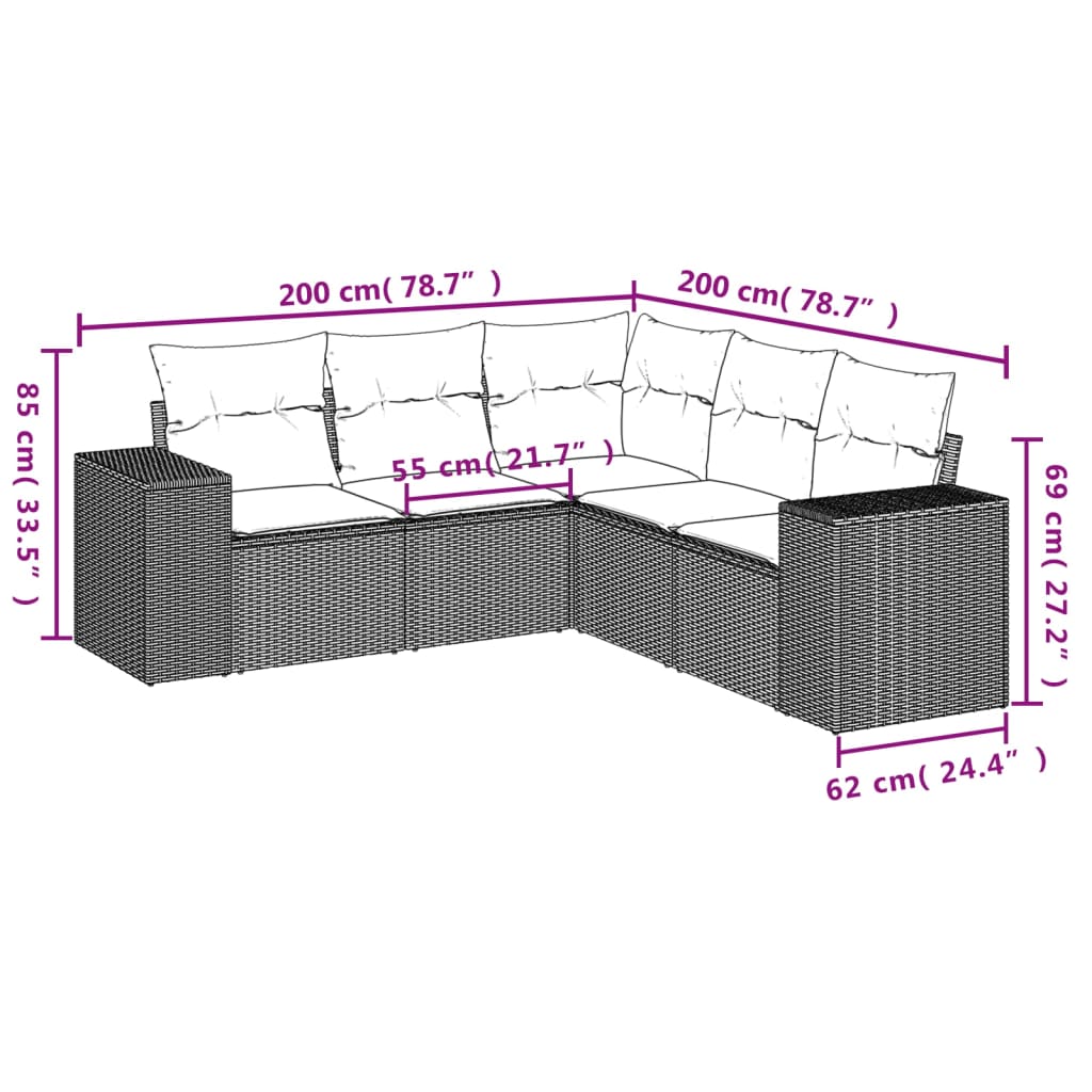 5-delige Loungeset met kussens poly rattan lichtgrijs