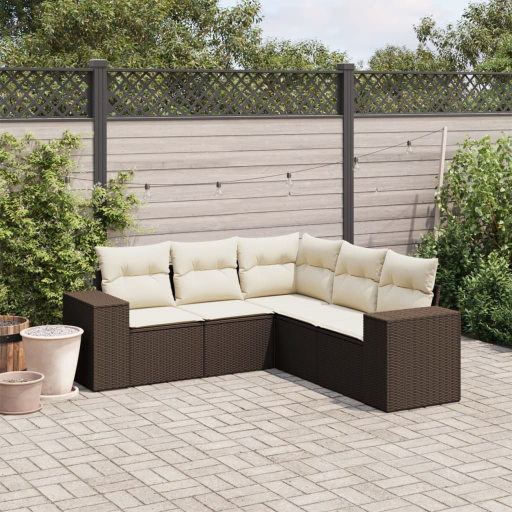 5-delige Loungeset met kussens poly rattan bruin