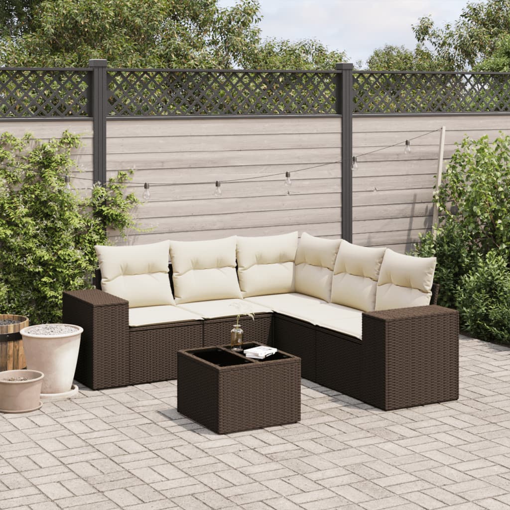 6-delige Loungeset met kussens poly rattan bruin