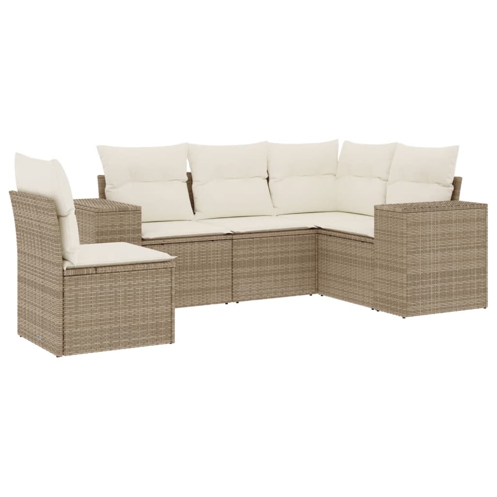 5-delige Loungeset met kussens poly rattan beige