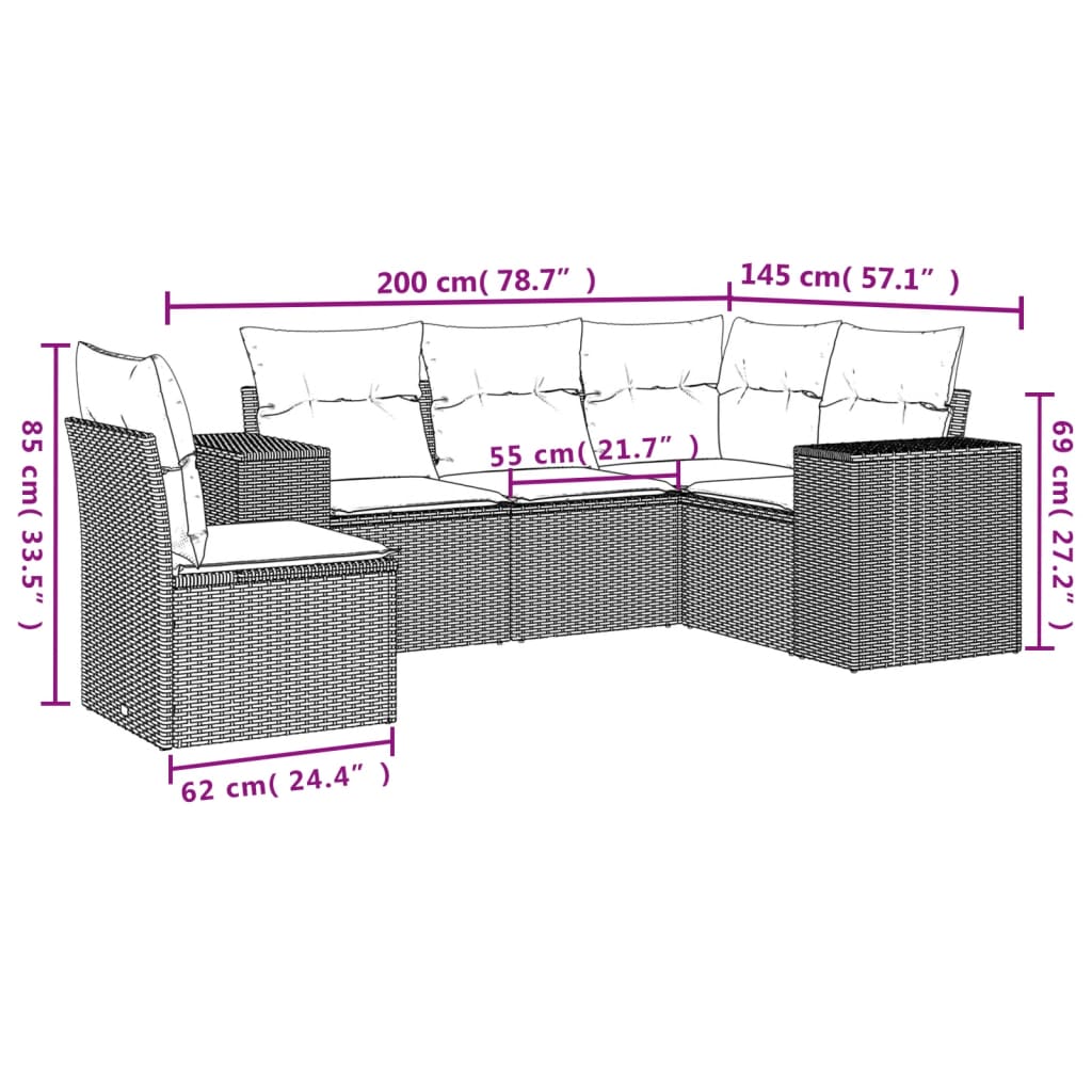 5-delige Loungeset met kussens poly rattan beige