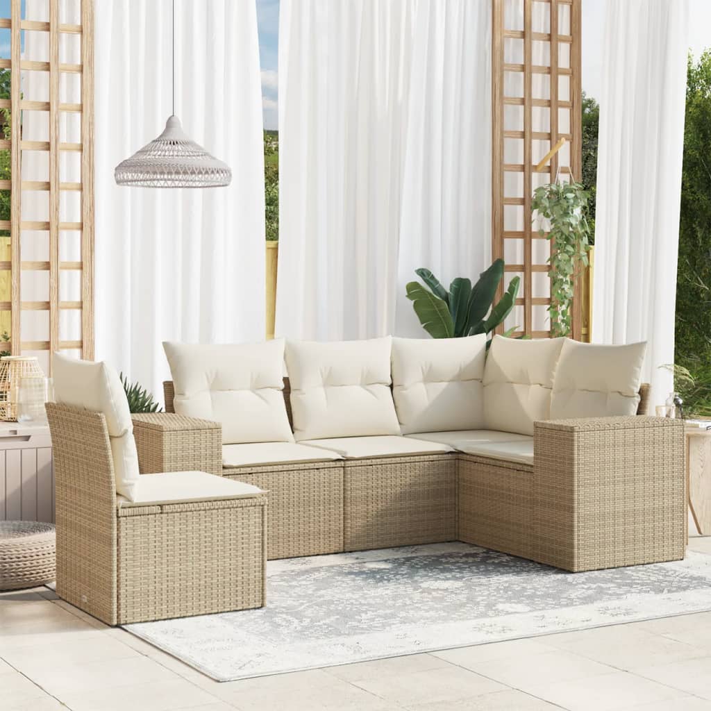 5-delige Loungeset met kussens poly rattan beige