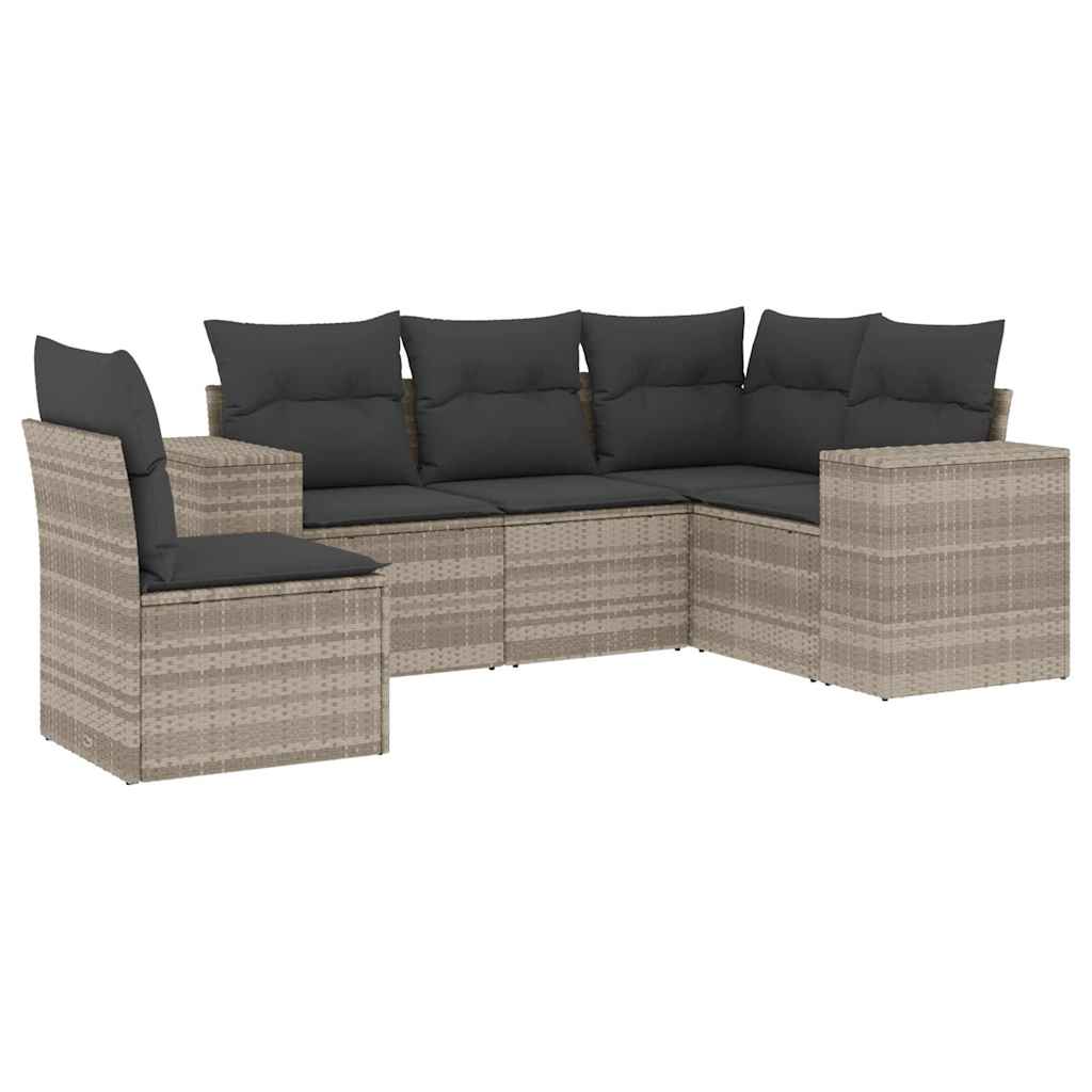 5-delige Loungeset met kussens poly rattan lichtgrijs