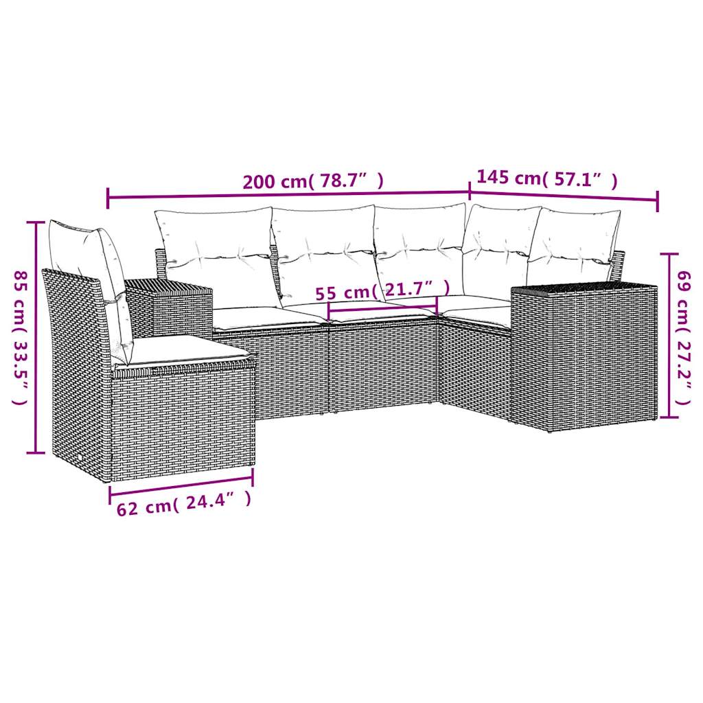 5-delige Loungeset met kussens poly rattan lichtgrijs