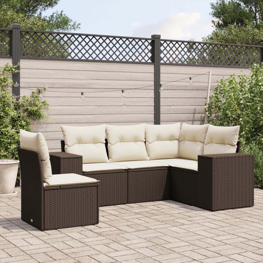 5-delige Loungeset met kussens poly rattan bruin