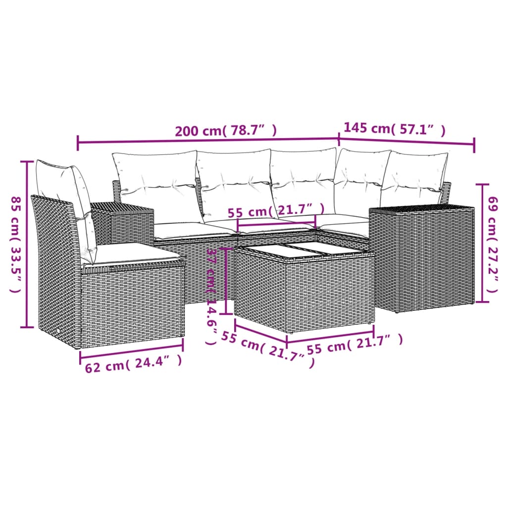 6-delige Loungeset met kussens poly rattan bruin