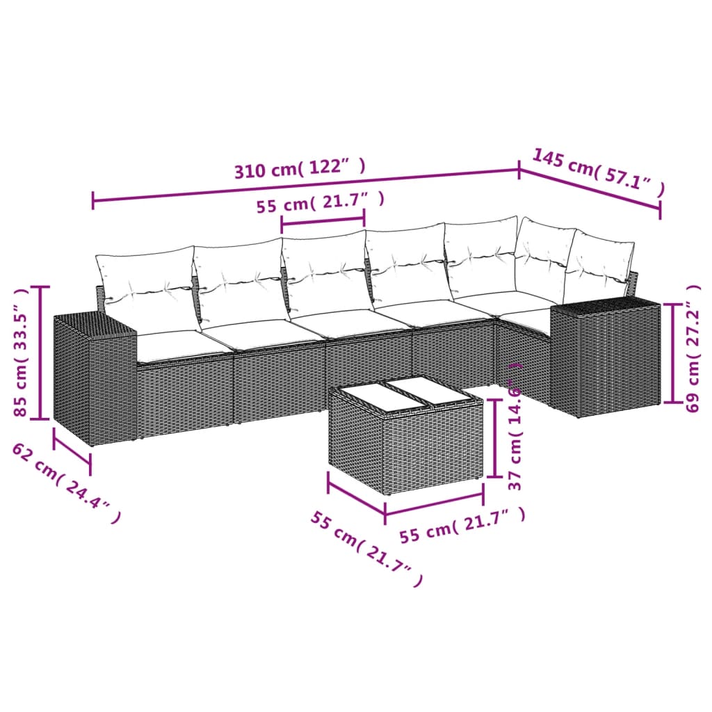 7-delige Loungeset met kussens poly rattan lichtgrijs Tuinsets | Creëer jouw Trendy Thuis | Gratis bezorgd & Retour | Trendy.nl