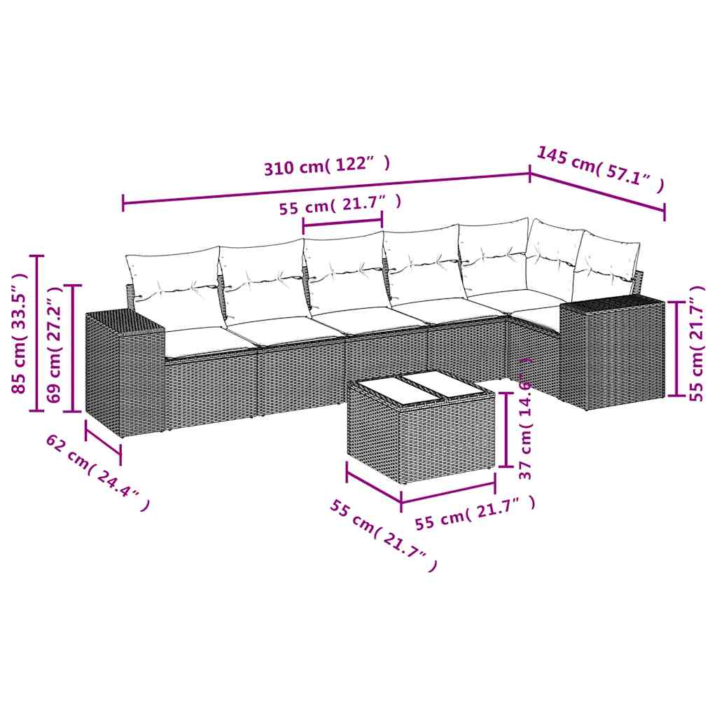 7-delige Loungeset met kussens poly rattan bruin