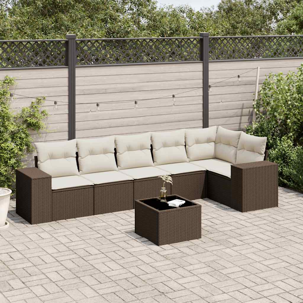 7-delige Loungeset met kussens poly rattan bruin