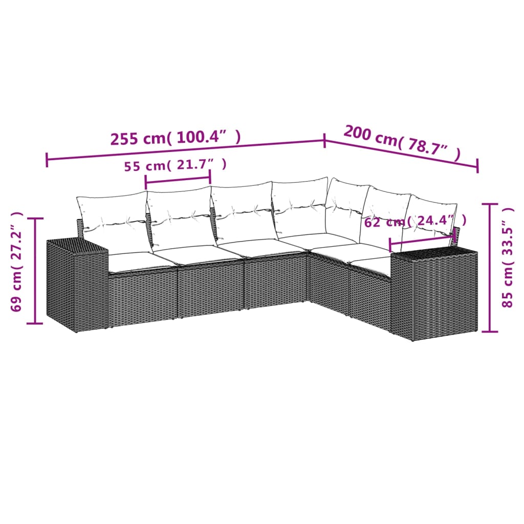 6-delige Loungeset met kussens poly rattan bruin