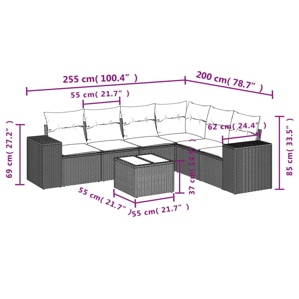 7-delige Loungeset met kussens poly rattan lichtgrijs