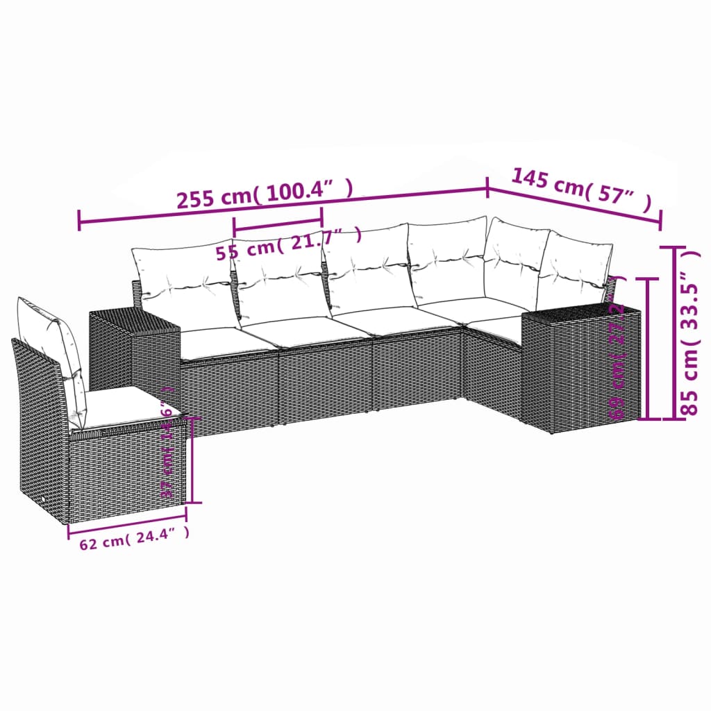 6-delige Loungeset met kussens poly rattan bruin