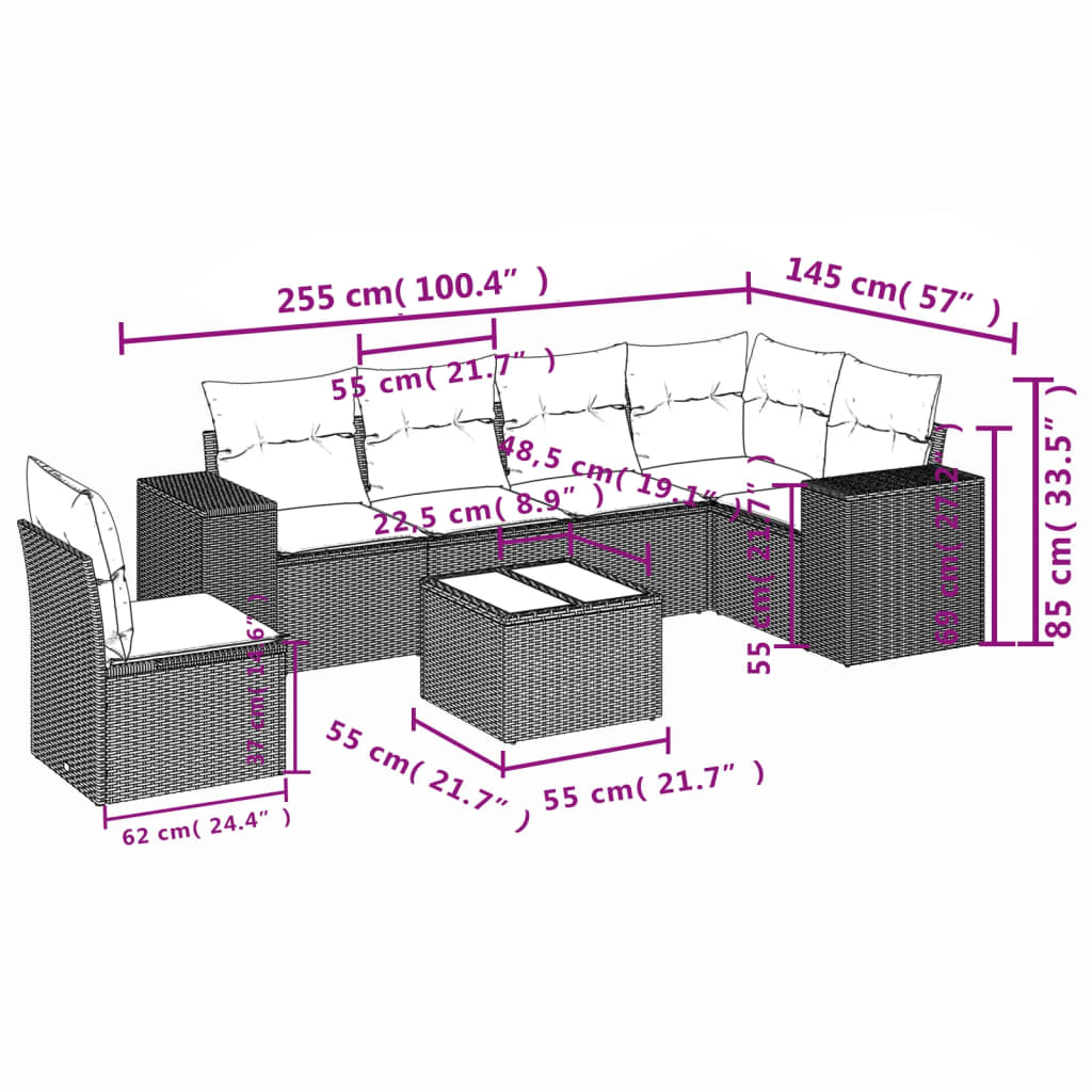 7-delige Loungeset met kussens poly rattan bruin