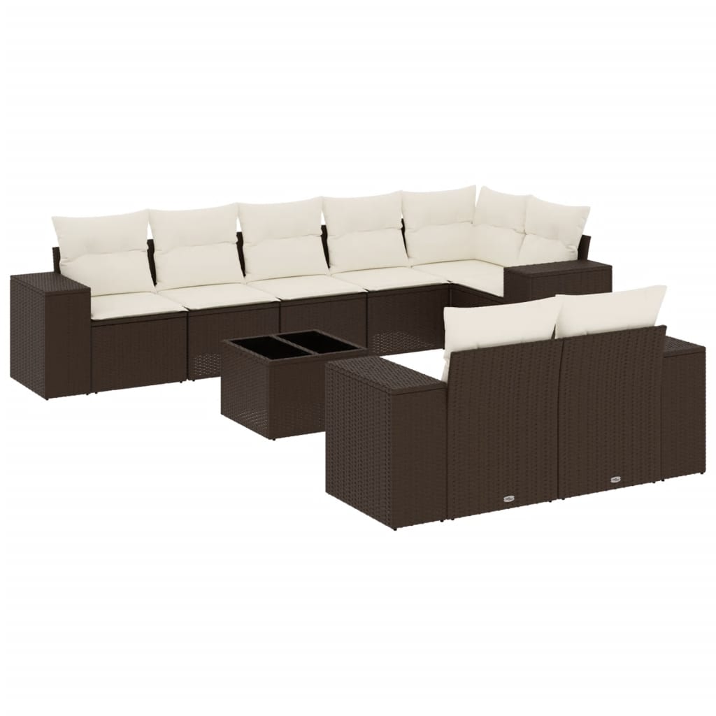 9-delige Loungeset met kussens poly rattan bruin