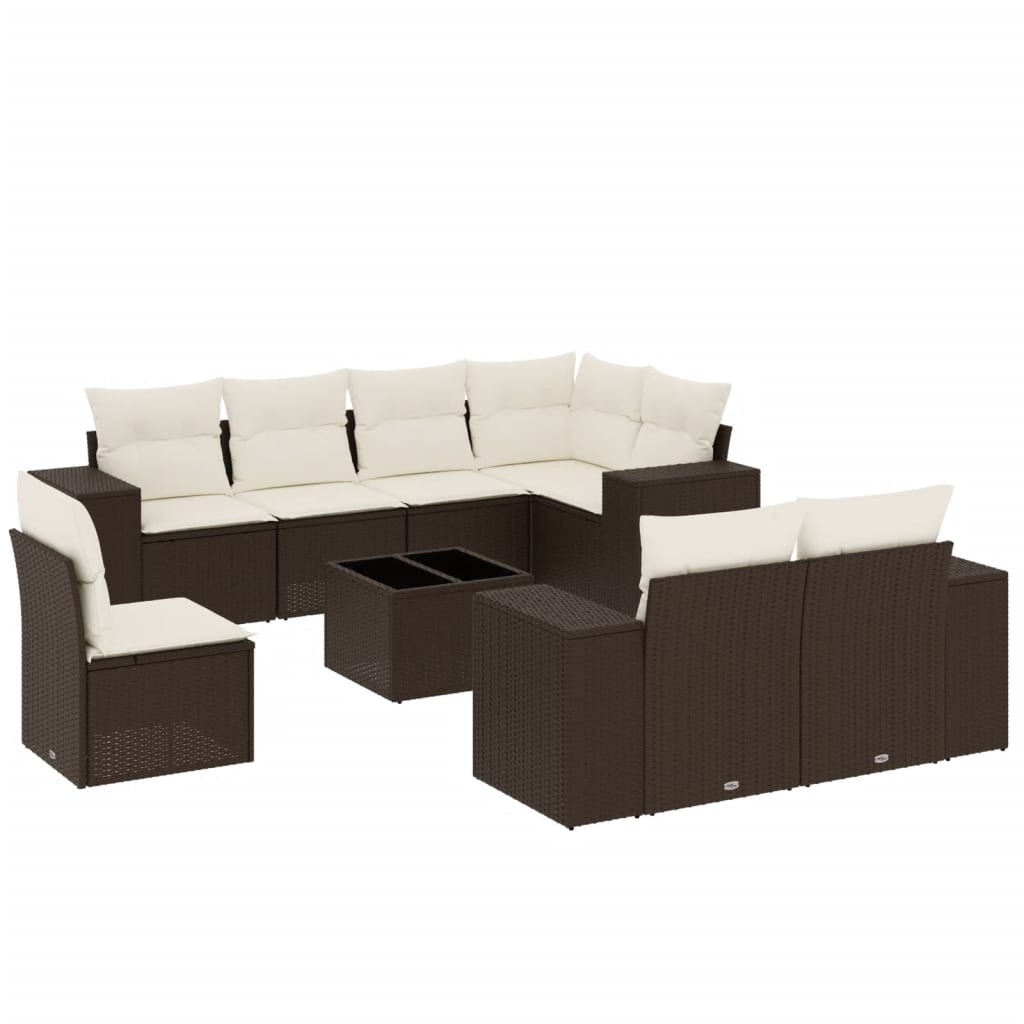 9-delige Loungeset met kussens poly rattan bruin