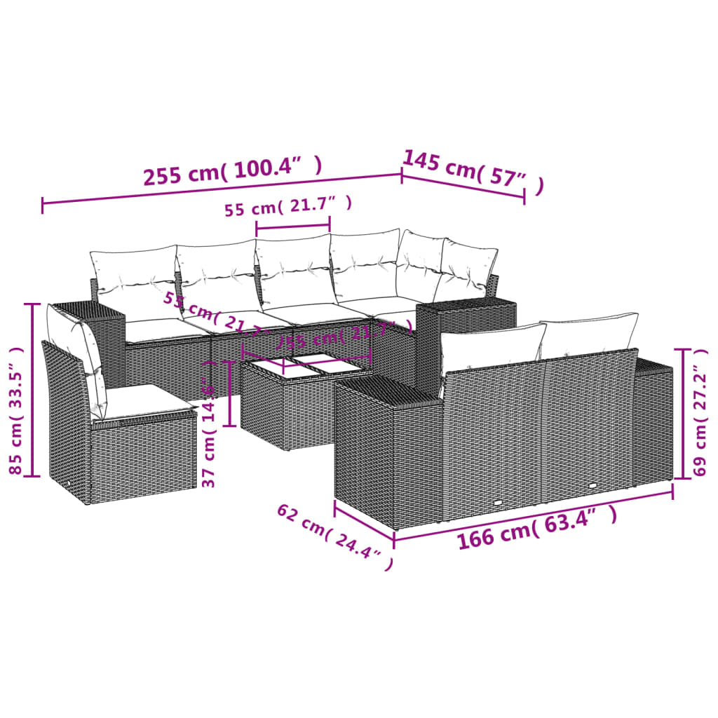 9-delige Loungeset met kussens poly rattan bruin