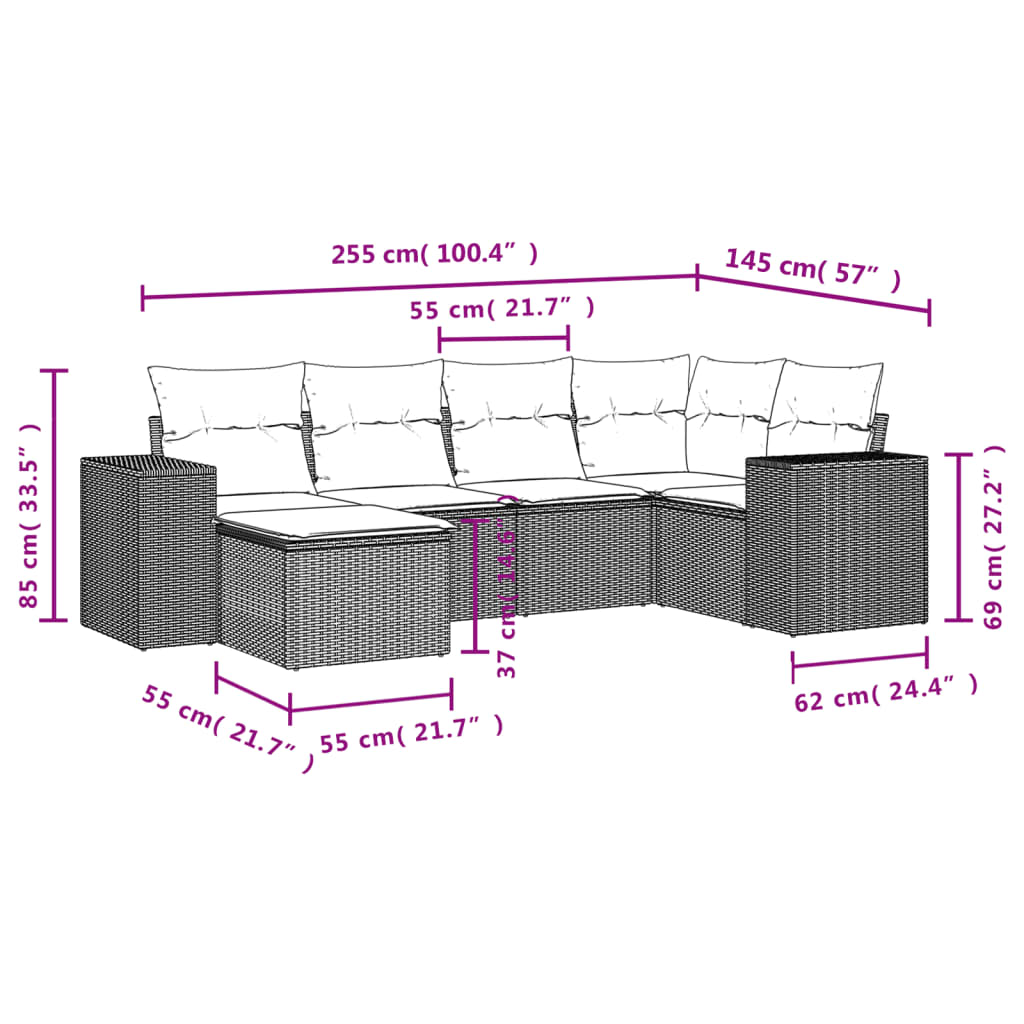 6-delige Loungeset met kussens poly rattan grijs Tuinsets | Creëer jouw Trendy Thuis | Gratis bezorgd & Retour | Trendy.nl