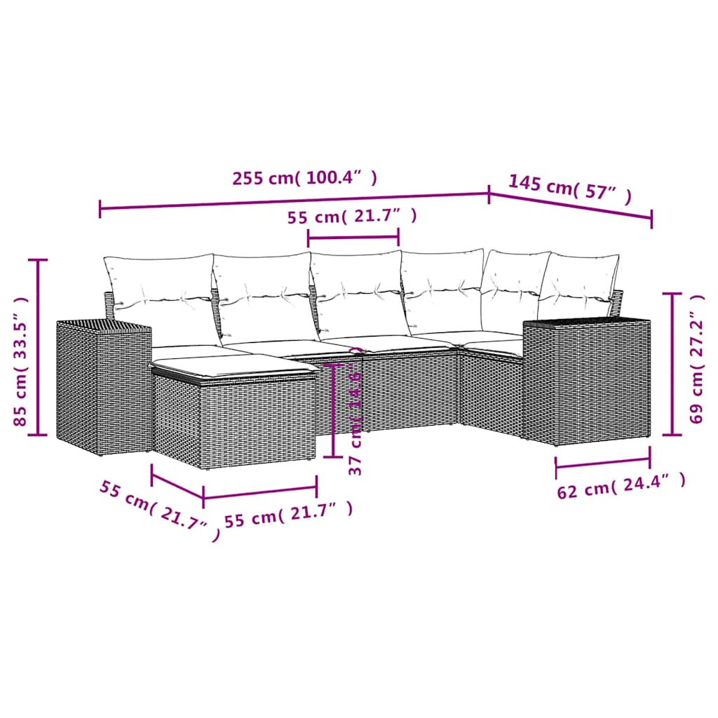 6-delige Loungeset met kussens poly rattan bruin