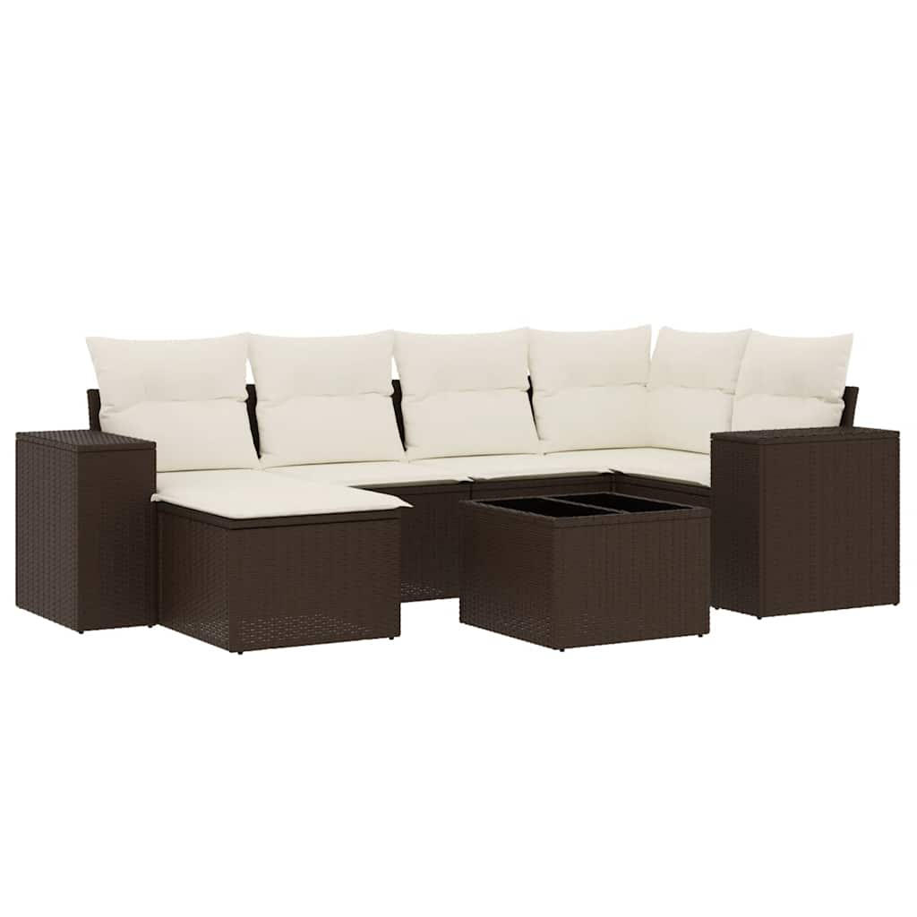 7-delige Loungeset met kussens poly rattan bruin