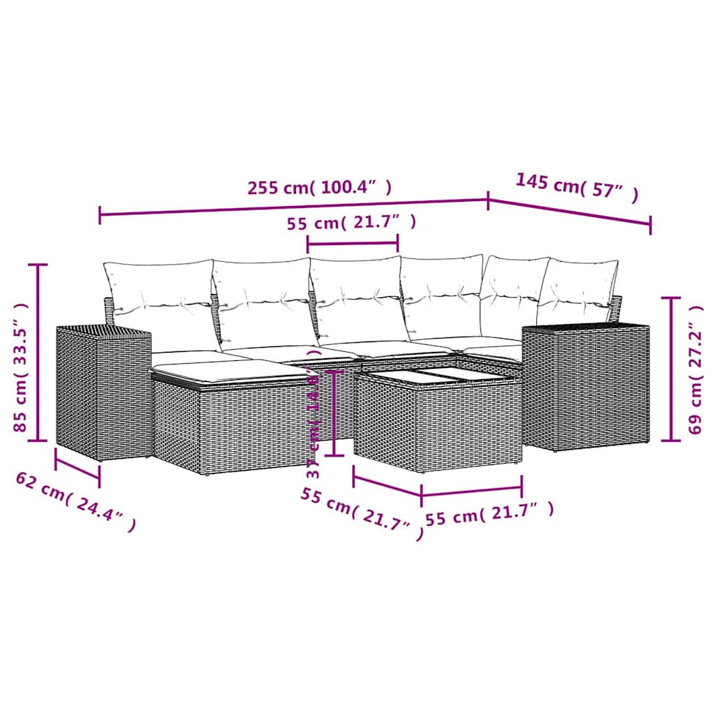 7-delige Loungeset met kussens poly rattan bruin