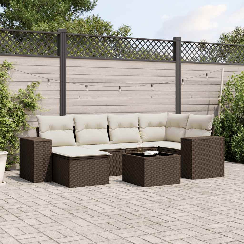 7-delige Loungeset met kussens poly rattan bruin