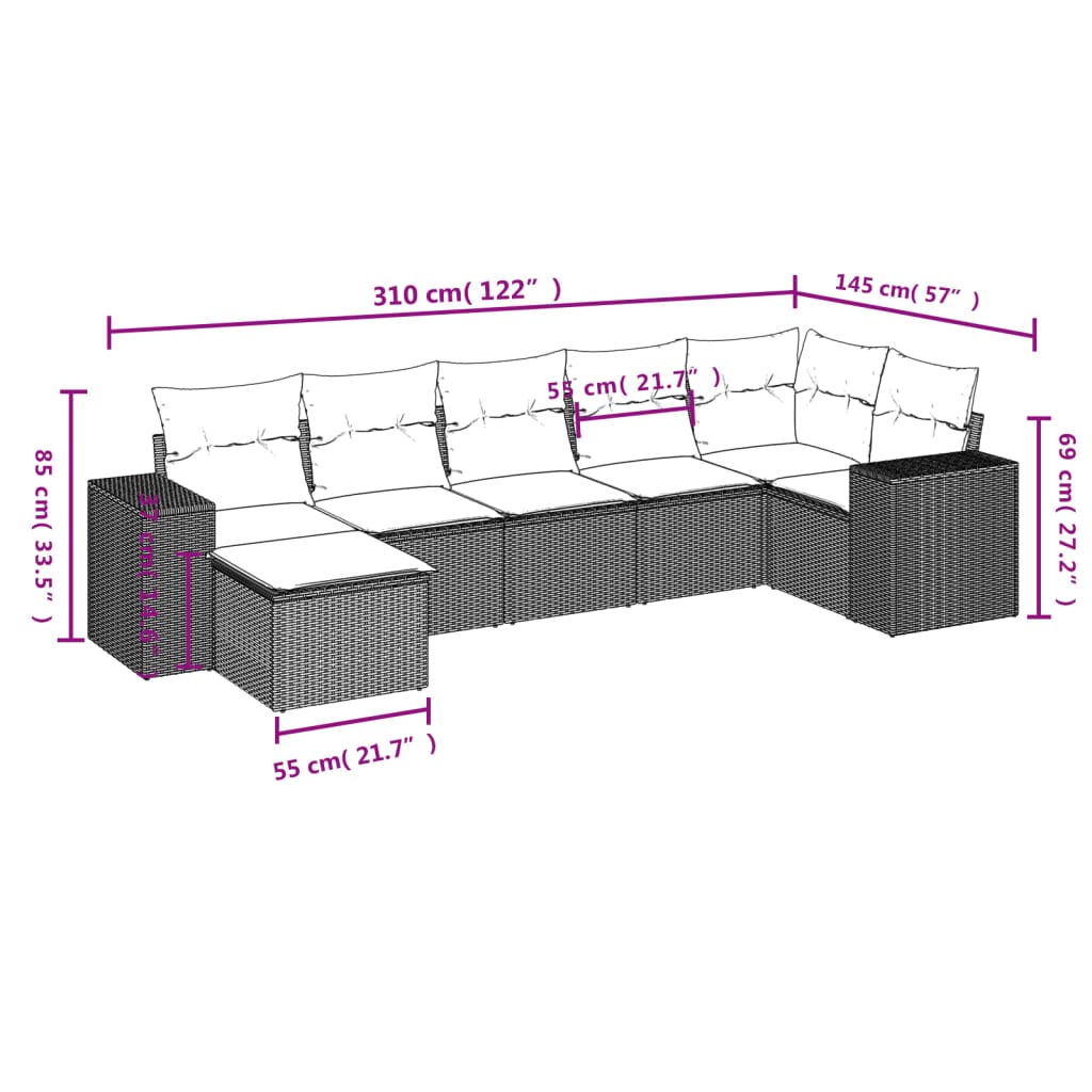 7-delige Loungeset met kussens poly rattan lichtgrijs