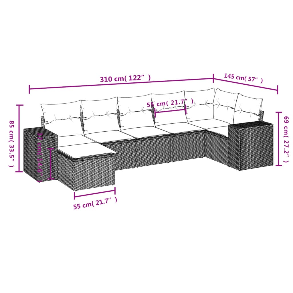 7-delige Loungeset met kussens poly rattan bruin