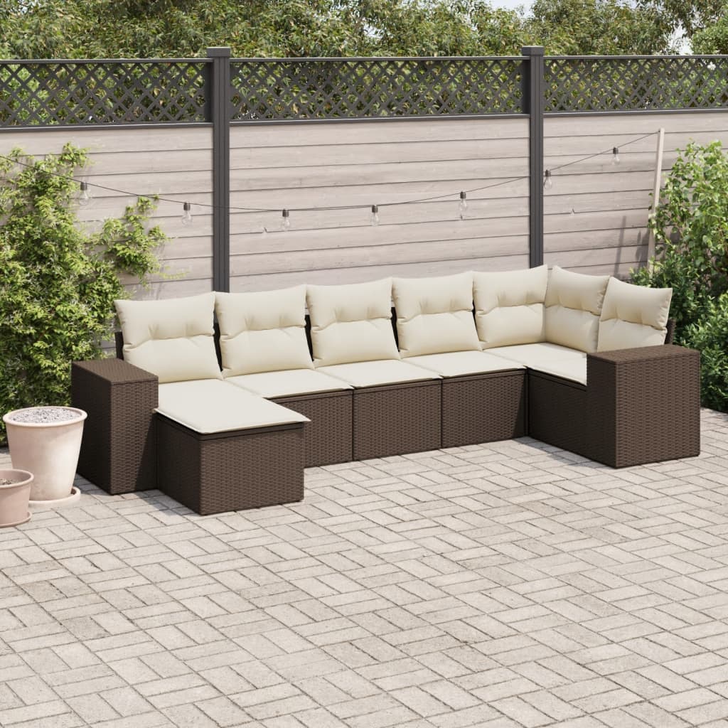 7-delige Loungeset met kussens poly rattan bruin