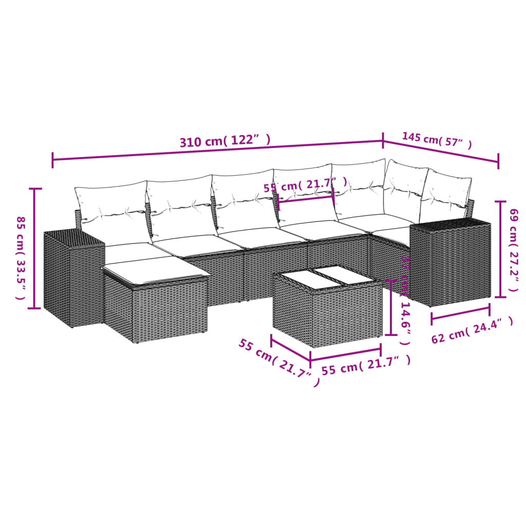 8-delige Loungeset met kussens poly rattan bruin