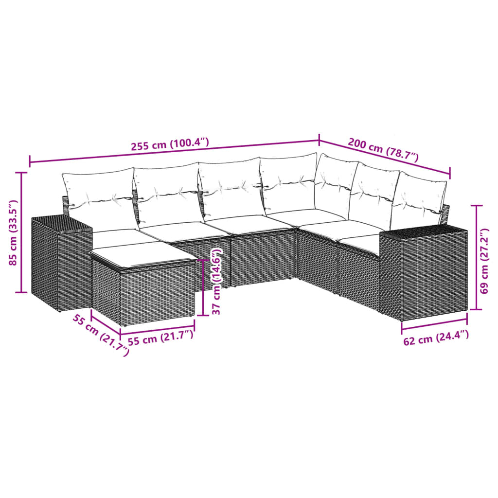 7-delige Loungeset met kussens poly rattan bruin