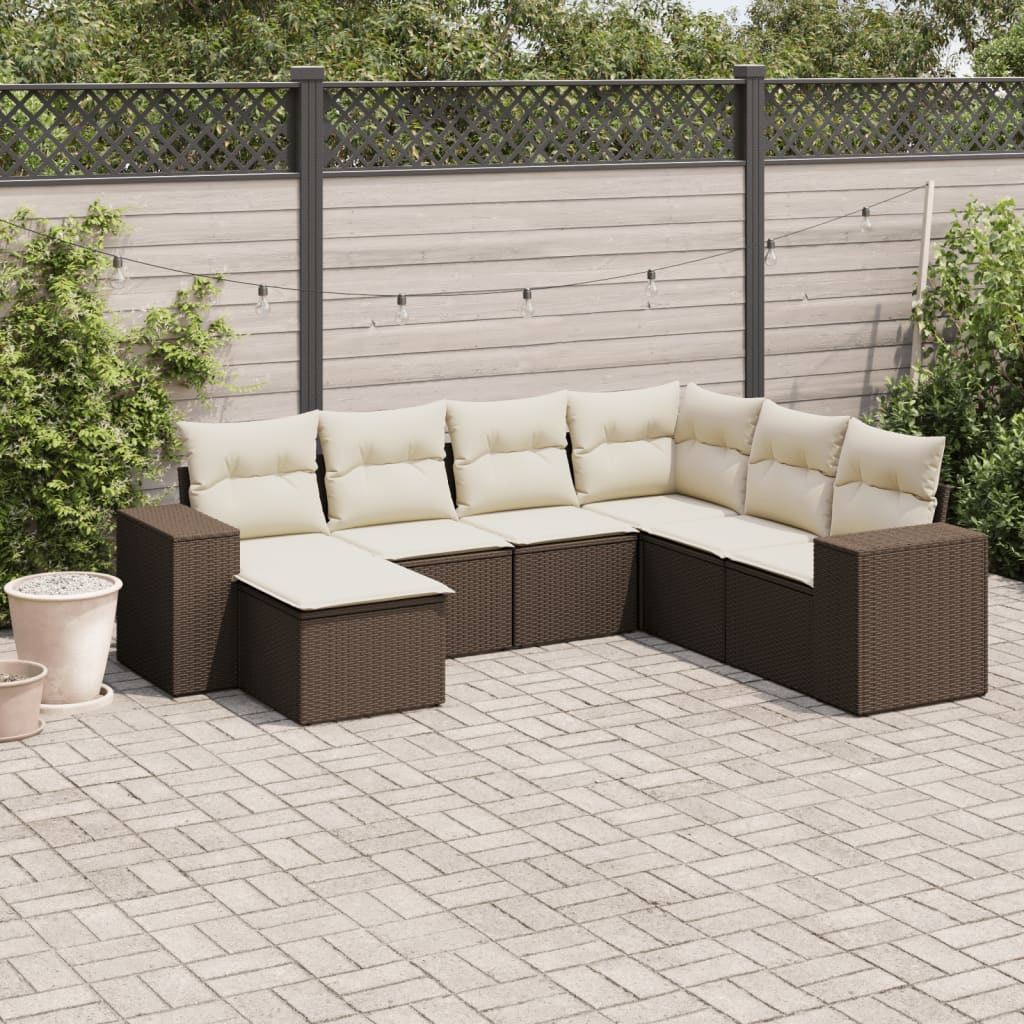 7-delige Loungeset met kussens poly rattan bruin