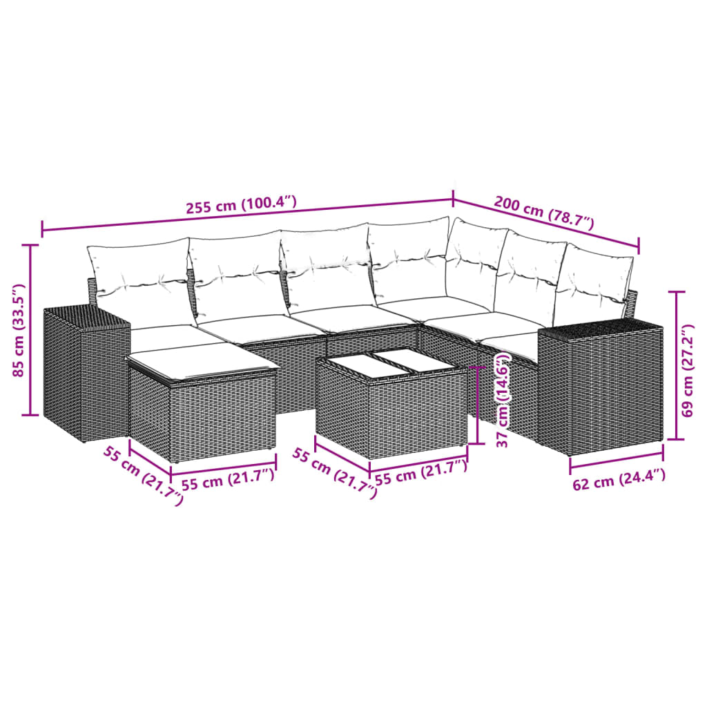 8-delige Loungeset met kussens poly rattan bruin