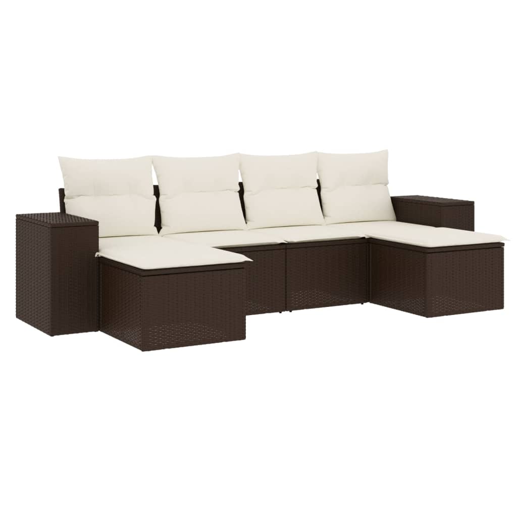 6-delige Loungeset met kussens poly rattan bruin