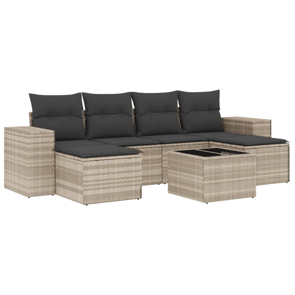 7-delige Loungeset met kussens poly rattan lichtgrijs