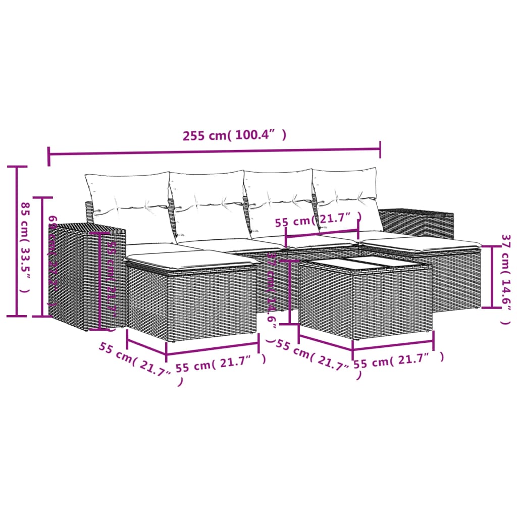 7-delige Loungeset met kussens poly rattan lichtgrijs