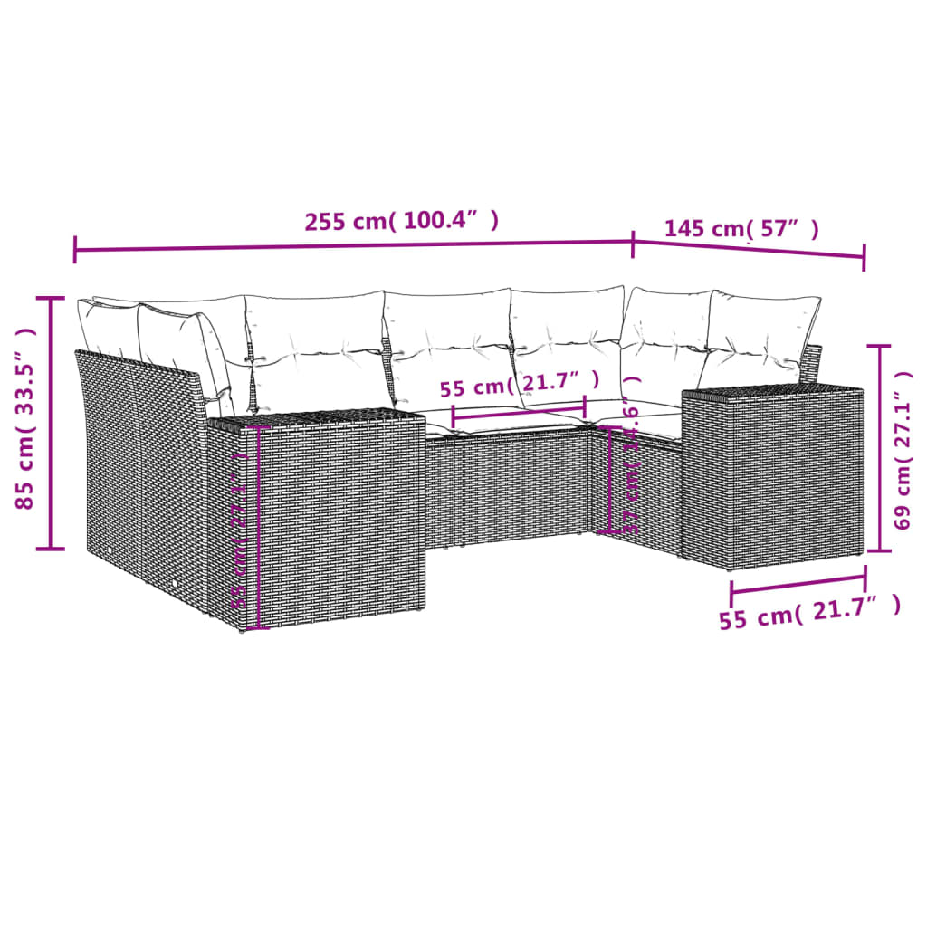 6-delige Loungeset met kussens poly rattan bruin