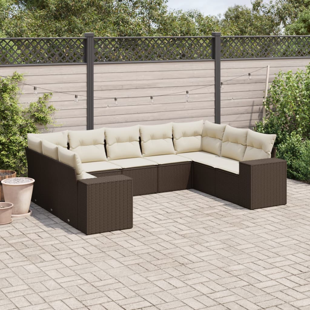 9-delige Loungeset met kussens poly rattan bruin