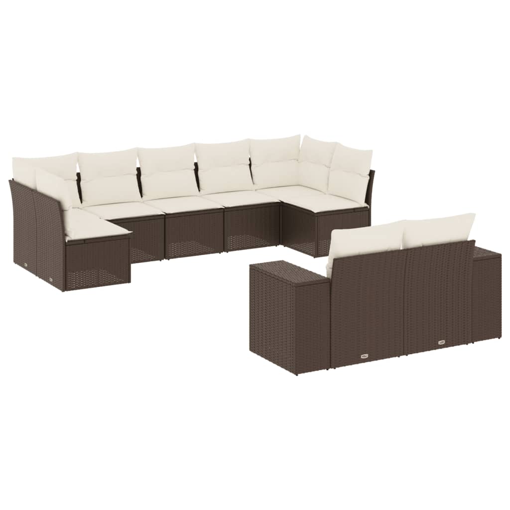 9-delige Loungeset met kussens poly rattan bruin