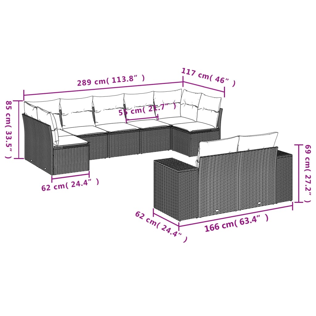 9-delige Loungeset met kussens poly rattan bruin