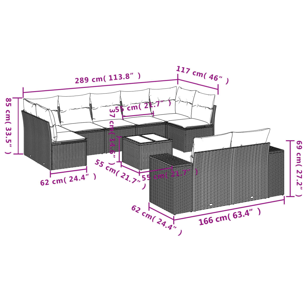 10-delige Loungeset met kussens poly rattan bruin